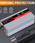 Rugged 36 Volt 18 Amp Golf Cart Battery Charger featuring smart three stage charging, silver housing, temperature protection.