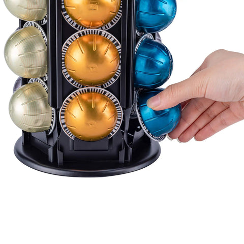 Hand rotating Heavy Duty Metal Pod Holder For Nespresso Vertuo Line, 80 Pod Capacity with colorful coffee capsules.