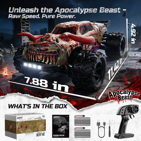 Zombie Themed All Terrain RC Monster Truck 40KPH 4WD Electric Off Road Car with measurements and accessories display