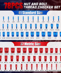 78 Piece Nut And Bolt Thread Checker Set Featuring 41 Sae And 37 Metric Threads showing sizes in blue and red, organized layout for easy identification.