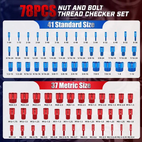 78 Piece Nut And Bolt Thread Checker Set Featuring 41 Sae And 37 Metric Threads showing sizes in blue and red, organized layout for easy identification.