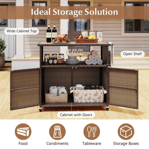 Sturdy outdoor storage cabinet on wheels with solid acacia wood and PE rattan, open shelves with food and drinks setup.