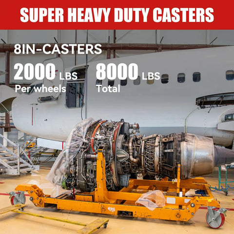 No Sweat 8X2 Inch Kingpinless Swivel Casters Designed For An Industrial Rig With Heavy Duty Dual Wheel Brakes Premium Polyurethane Treads And 2000 Lbs Load Rating mounted on an engine stand in an aircraft hangar.