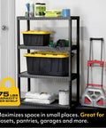 Hella Durable Heavy Duty Plastic Storage Shelves Featuring Four Tier Design And Seventy Five Pound Weight Limit For Badass Garage Organization Freestanding Indoor Outdoor Rack Black Setup with storage bins and cleaning supplies.