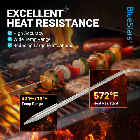 Upgraded RTD Temperature Probe Sensor for Pit Boss Pellet Grills and Smokers with heat resistance feature highlighted