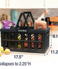 Collapsible Shopping Baskets With Handles, 24L Three Pack filled with groceries, dimensions shown in home kitchen setting.