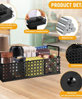 Metal Coffee Bar Organizer With Handles A Space Saving Countertop Station For Coffee Pods Stirrers Sugar Packets Straws And Tea Condiments In Sleek Mesh Black Finish With Durable Iron Build featuring compartments and silicone pad.