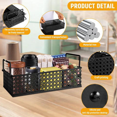 Metal Coffee Bar Organizer With Handles A Space Saving Countertop Station For Coffee Pods Stirrers Sugar Packets Straws And Tea Condiments In Sleek Mesh Black Finish With Durable Iron Build featuring compartments and silicone pad.