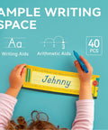 Child using 40 Pack Desk Name Plates For Classroom With Alphabet And Number Line, Traditional Manuscript Style Desk Labels For Students