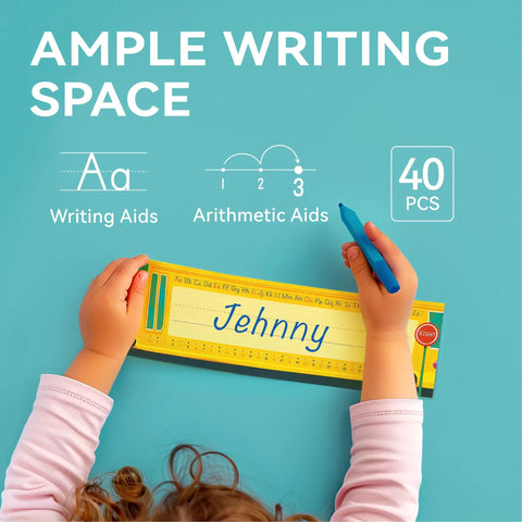 Child using 40 Pack Desk Name Plates For Classroom With Alphabet And Number Line, Traditional Manuscript Style Desk Labels For Students