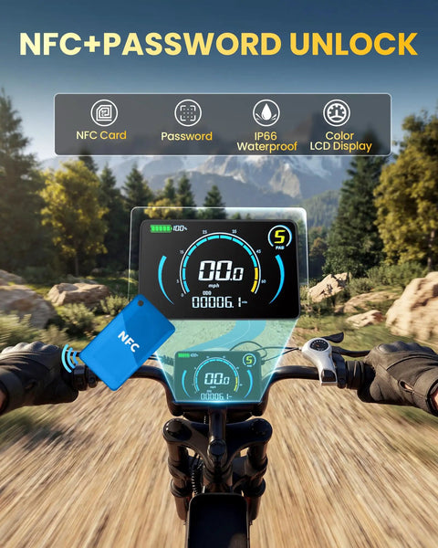 All Terrain Fat Tire Electric Bike For Adults With 1500W Peak Power Up To 33 MPH, NFC unlock shown on handlebar display