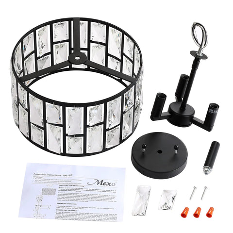 Farmhouse Crystal Round Semi Flush Mount Light With Drum Shade Black Finish 3 Light Ceiling Lamp For Kitchen Island Dining Room Bedroom And Hallway Close To Ceiling Fixture Dimmable With Compatible Bulbs ETL Certified components displayed.