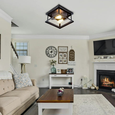 Living room with Black Two Light Farmhouse Flush Mount Ceiling Light Fixture For Kitchen And Bedroom And Hallway Porch Patio