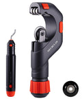 Front view of MechClaw heavy-duty tube cutter with deburring tool; gray hand-operated pipe cutter with red accents