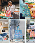 Collage of Six Pack Reusable Foldable Grocery Bags, eco-friendly water-resistant totes in floral patterns, used in various settings.