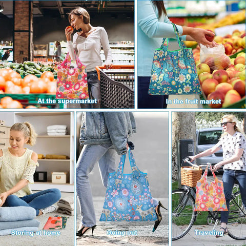 Collage of Six Pack Reusable Foldable Grocery Bags, eco-friendly water-resistant totes in floral patterns, used in various settings.