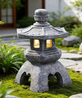 Solar Pagoda Lantern Garden Statue For Indoor Outdoor Use Zen Vibes Asian Decor For Landscape Balcony Patio Porch Yard Polyresin With Stone Finish Yard Art Ornament illuminated on mossy ground