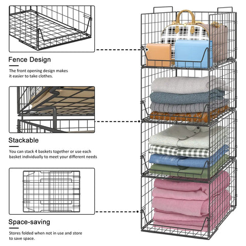 Stackable Closet Organizer Bins 4 Pack For Wardrobe And Laundry Room, Foldable Drawer Shelf Storage in stainless steel, showing design details.