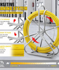 Heavy Duty Pro Grade Fiberglass Fish Tape 656 Ft Duct Rodder Wire Puller With Steel Reel Stand For Walls And Electrical Conduit Built To Last Ultra Flexible High Tensile Fiberglass Rod Easy Through Tight Bends With 13 Inch Minimum Radius, yellow rod on aluminum reel stand