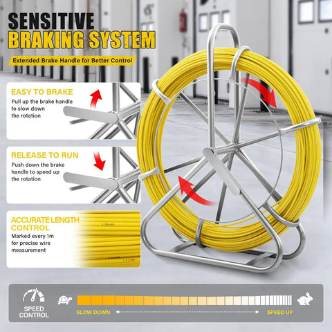 Heavy Duty Pro Grade Fiberglass Fish Tape 656 Ft Duct Rodder Wire Puller With Steel Reel Stand For Walls And Electrical Conduit Built To Last Ultra Flexible High Tensile Fiberglass Rod Easy Through Tight Bends With 13 Inch Minimum Radius, yellow rod on aluminum reel stand