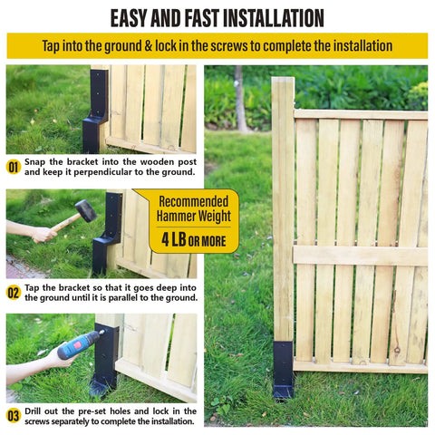 Installation process of Heavy Duty Steel Fence Post Repair Kit 4x4 Actual 3.6x3.6 Ground Spike Anchors for outdoor wooden fence.