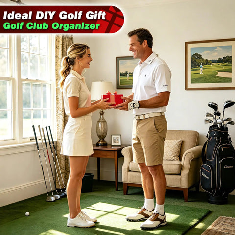 Couple in golf attire exchanging a gift in room with golf clubs and Go To Golf Club Wall Mount Kit 28 Pack DIY Storage Rack Organizer ABS Hangers Display