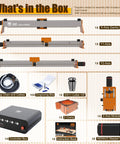 Image of contents included with Big Benchtop CNC Router with X-Axis Gantry, Stepper Motors, Engraving Bits, and Controller Box.