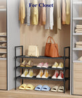 Three Tier Shoe Organizer Rack For Closet Entryway And Bedroom With Wide Shelves Easy Assembly Go To Storage Shelf With Side Handles Durable Black 27.6 Inches Wide shown in a closet setting.
