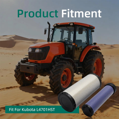 Kubota L4701HST tractor with All-In-One Maintenance Filter Kit including hydraulic and air filters shown in desert landscape