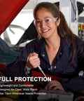 Woman wearing 12 Pack Clear Anti Fog Safety Glasses With Wraparound Lenses, ANSI Z87.1 Impact Resistant Eye Protection for work