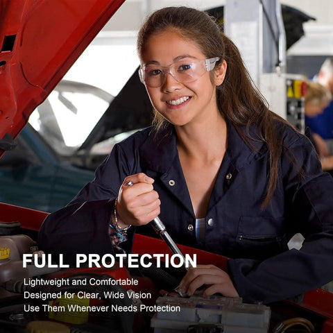 Woman wearing 12 Pack Clear Anti Fog Safety Glasses With Wraparound Lenses, ANSI Z87.1 Impact Resistant Eye Protection for work