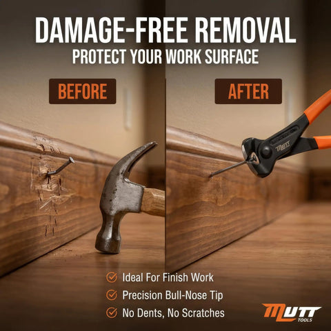 Before and after comparison using 8 Inch End Cutting Pliers Heavy Duty CRV Steel Nail Puller Tool for damage-free nail extraction.