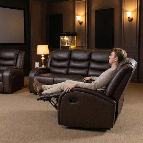 Comfy Leather Recliner Sofa Set 3 Piece Living Room Furniture Sectional With Manual Recliners Couch Family Room Home Theater Seating Brown Leather Loveseat Chair image of a man reclining in a brown leather chair