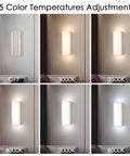 Aipsun Hardwired Wall Sconces Set of Two 28W 3-Level Dimming LED 3000K 3500K 4000K 5000K 6000K Modern Brushed Nickel showing 5 color temperature settings on wall.