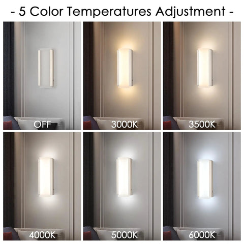 Aipsun Hardwired Wall Sconces Set of Two 28W 3-Level Dimming LED 3000K 3500K 4000K 5000K 6000K Modern Brushed Nickel showing 5 color temperature settings on wall.