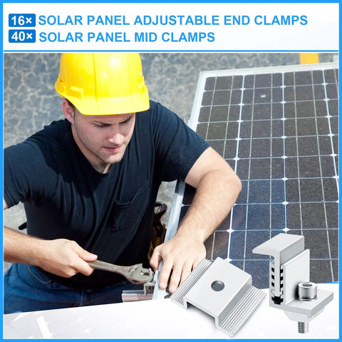Heavy Duty Aluminum Solar Panel Clamps Adjustable 32 To 50 mm Mid And End Clip Kit Rooftop Mounting Hardware in use.