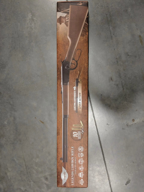 Legends Cowboy Lever Action Air Rifle packaging showing realistic lever, shell ejector, and .177 caliber BB performance