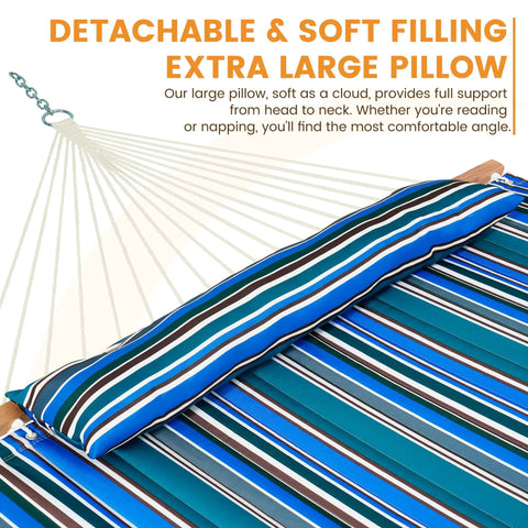 12 Ft Quilted Double Hammock With Spreader Bars And Detachable Pillow, 450 Lbs Weight Capacity featuring striped cushion close-up