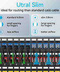 Comparison of ultra slim and standard Cat6 cables installed in a network cabinet illustrating airflow and spacing differences.
