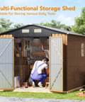 Heavy Duty Steel Garden Shed With Lockable Door And Clear Window, Rust Resistant Metal Tool Storage For Backyard Patio Or Lawn, Built To Last With Anti Corrosion Frame, Weather Ready And Security Focused To Keep Your Gear Safe in backyard scene