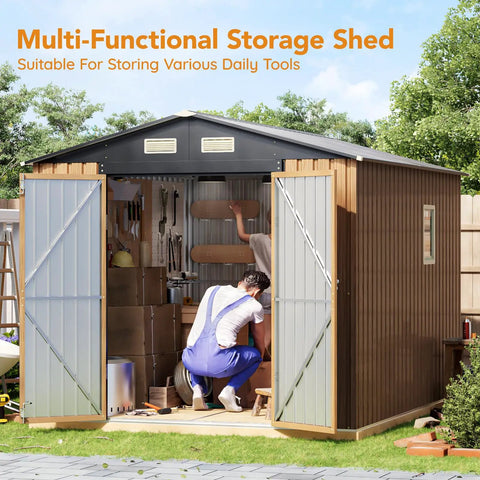Heavy Duty Steel Garden Shed With Lockable Door And Clear Window, Rust Resistant Metal Tool Storage For Backyard Patio Or Lawn, Built To Last With Anti Corrosion Frame, Weather Ready And Security Focused To Keep Your Gear Safe in backyard scene