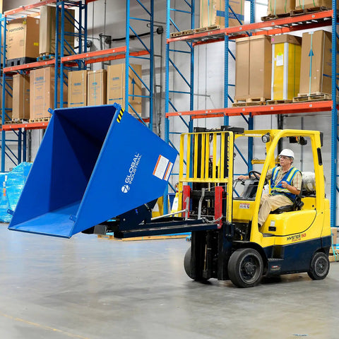 Super Top Notch Heavy Duty Steel Self Dumping Forklift Hopper with Straight Up Bump Release in use, lifting waste in warehouse.