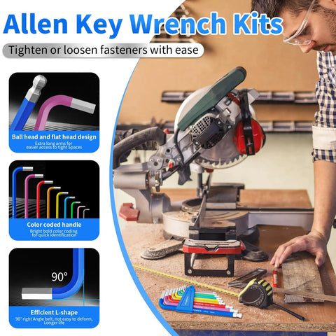 Color Coded Metric Allen Key Set 9 Piece Pro Grade Hex Keys Made From Hardened 6150 Chrome Vanadium Steel For Tough Durability And Corrosion Resistance Includes 1.5 2 2.5 3 4 5 6 8 10 Mm on workbench