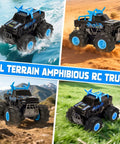 Four scenes of Amphibious One To Sixteen Scale Remote Control Monster Truck With Waterproof Sealed Body on various terrains