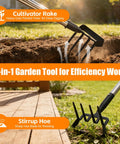 Two In One Heavy Duty Garden Hoe With Sixty Inch Adjustable Handle Stirrup Hoe And Cultivator Weeding Rake in use on soil