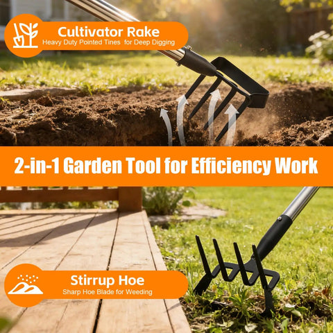 Two In One Heavy Duty Garden Hoe With Sixty Inch Adjustable Handle Stirrup Hoe And Cultivator Weeding Rake in use on soil