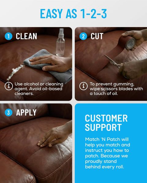 Steps to apply Brown Leather Repair Tape Kit 2.25 Inch By 15 Foot Realistic Faux Leather Patches for Couch Upholstery.