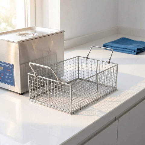 Ultrasonic Cleaning Basket For Delicate Gear And Jewelry Stainless Steel Lab Accessory That Keeps Small Parts Secure Boosts Fluid Circulation And Prevents Tangles In Watch Parts Jewelry Pieces And Tiny Tools, stainless mesh basket beside cleaner