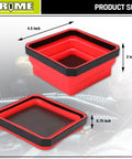 Collapsible Magnetic Parts Tray Set With 3 Foldable Silicone Bowls, 4.25 Inch Square Magnetic Base, expanded and collapsed view.