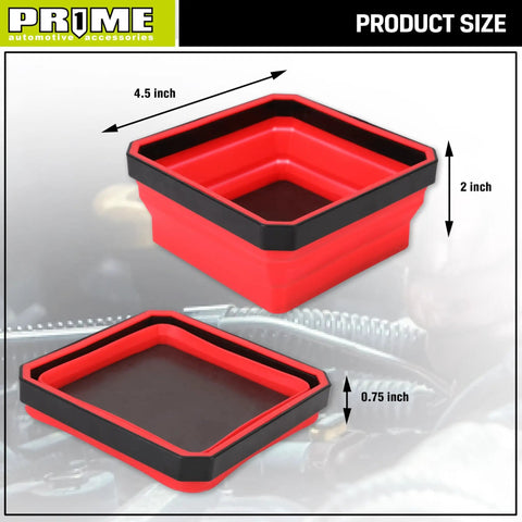 Collapsible Magnetic Parts Tray Set With 3 Foldable Silicone Bowls, 4.25 Inch Square Magnetic Base, expanded and collapsed view.